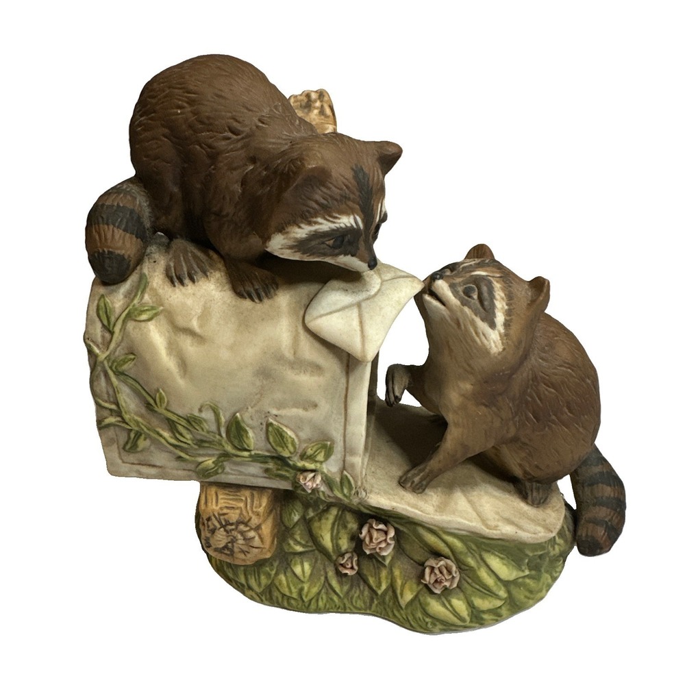 Vintage 1987 Homco Masterpiece Porcelain Raccoons Playing Figurine